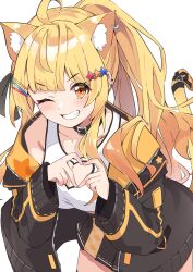 Rule 34 | 1girl, absurdres, ahoge, anbasa (amaneyuz13), animal ears, black collar, black jacket, black skirt, blonde hair, blush, breasts, cat ears, cat tail, cleavage, cleavage cutout, clothing cutout, collar, ear piercing, extra ears, grin, hair ornament, hairclip, heart, heart cutout, heart hands, highres, hololive, jacket, large breasts, leaning forward, long hair, looking at viewer, miniskirt, official alternate costume, official alternate hair length, official alternate hairstyle, one eye closed, open clothes, open jacket, orange skirt, piercing, pleated skirt, ribbon, sidelocks, simple background, skirt, smile, solo, star (symbol), star hair ornament, streetwear, tail, tail ornament, tail ribbon, tank top, two-tone skirt, v-shaped eyebrows, virtual youtuber, white background, white tank top, wide ponytail, yellow eyes, yozora mel, yozora mel (streetwear)