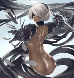 Rule 34 | 1girl, ass, black blindfold, black hairband, blindfold, butt crack, covered eyes, facing viewer, feather-trimmed sleeves, feathers, hairband, highres, lips, mole, mole under mouth, nier (series), nier:automata, no panties, parted lips, pink lips, short hair, silver hair, sword, torn clothes, uruka 18, vambraces, weapon, 2b (nier:automata)