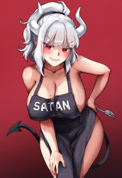Rule 34 | &gt;:), 1girl, absurdres, apron, bad id, bad pixiv id, bare arms, bare shoulders, black tail, blush, breasts, cleavage, closed mouth, clothes writing, demon girl, demon horns, demon tail, fork, foxyreine, hand on own hip, hanging breasts, helltaker, highres, horns, large breasts, leaning forward, long hair, looking at viewer, lucifer (helltaker), mole, mole on breast, mole under eye, monster girl, naked apron, open mouth, red background, sideboob, simple background, solo, tail, white horns