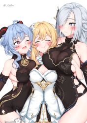 Rule 34 | absurdres, asymmetrical docking, blonde hair, blue hair, breast press, breasts, dress, ganyu (genshin impact), genshin impact, gouka, grabbing, grabbing another&#039;s breast, hair ornament, hand under clothes, highres, large breasts, long hair, lumine (genshin impact), multiple girls, one eye covered, sandwiched, shenhe (genshin impact), short hair, symmetrical docking, yuri