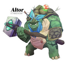 Rule 34 | 1boy, altor, animal, arrow in body, blue neckerchief, dungeons &amp; dragons, highres, holding, holding weapon, holostars, holostars english, knife, mushroom, neckerchief, paladin, pkoi, regis altare, shell, simple background, solo, tortoise, turtle, two-handed, war hammer, weapon