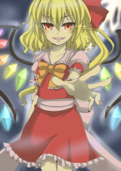Rule 34 | 1girl, back bow, blonde hair, bow, bowtie, collar, collarbone, collared shirt, commentary request, cowboy shot, crystal wings, evil smile, eye trail, fang, flandre scarlet, frilled bow, frilled collar, frilled skirt, frilled sleeves, frills, hair ribbon, laevatein (touhou), light trail, long hair, looking at viewer, nitoni, open mouth, outstretched arm, pink nails, pink shirt, red eyes, red ribbon, red skirt, red vest, ribbon, shirt, short sleeves, side ponytail, skirt, sleeve ribbon, smile, solo, touhou, vest, yellow bow