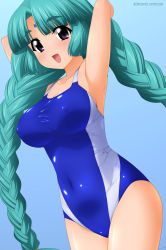Rule 34 | 1girl, absurdres, armpits, arms behind head, blue background, blue one-piece swimsuit, blunt bangs, braid, breasts, canal vorfeed, cleavage, collarbone, competition swimsuit, cowboy shot, facial mark, forehead mark, from side, gradient background, green hair, highres, large breasts, long hair, lost universe, one-piece swimsuit, open mouth, parted bangs, purple eyes, skin tight, smile, solo, standing, sugimura tomokazu, swimsuit, thick eyebrows, thighs, twin braids, very long hair, wallpaper, watermark, web address