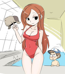 Rule 34 | 1boy, 1girl, blood, breasts, brown hair, cleavage, dipper pines, gravity falls, indoors, large breasts, looking at viewer, nosebleed, one-piece swimsuit, pool, red hair, rei no pool, shepherd0821, smile, swimsuit, teenage girl and younger boy, thigh gap, wendy corduroy