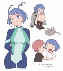 2girls blue_eyes blue_hair bodysuit boku_no_hero_academia cat hado_nejire haya_yuuyu highres multiple_girls pink_hair short_hair solo