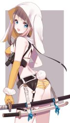 Rule 34 | 1girl, :d, animal ears, ass, bad id, bad pixiv id, bare arms, bare shoulders, bikini, blue eyes, blush, breasts, brown hair, commentary request, cowboy shot, elbow gloves, fang, from behind, gloves, grey background, gun, head tilt, highres, holster, hood, hood up, katana, looking at viewer, looking back, looking to the side, medium breasts, misumi (macaroni), open mouth, orange bikini, orange gloves, original, rabbit ears, rabbit girl, rabbit tail, sheath, sheathed, sideboob, sidelocks, single elbow glove, single glove, smile, solo, strap gap, striped bikini, striped bikini bottom, striped clothes, swimsuit, sword, tail, two-tone background, weapon, white background, white hood