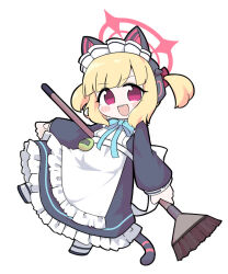 Rule 34 | 1girl, animal ear headphones, animal ears, apron, black dress, black footwear, blonde hair, blue archive, blush, cat tail, dress, fake animal ears, frilled apron, frilled dress, frills, full body, halo, headphones, long sleeves, looking at viewer, maid, maid apron, maid headdress, miranofuudoria, momoi (blue archive), momoi (maid) (blue archive), official alternate costume, open mouth, pantyhose, pink halo, red eyes, shoes, short hair, simple background, smile, solo, tail, white apron, white background, white pantyhose