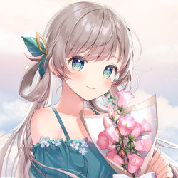 Rule 34 | 1girl, aqua shirt, bare shoulders, blush, bouquet, closed mouth, collarbone, commentary request, flower, green eyes, grey hair, hanakaze rin, highres, indie virtual youtuber, long hair, looking at viewer, momoshiki tsubaki, off-shoulder shirt, off shoulder, pink flower, puffy short sleeves, puffy sleeves, shirt, short sleeves, smile, solo, virtual youtuber