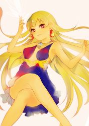 Rule 34 | 1girl, bad id, bad pixiv id, bell, blonde hair, blush, dress, earrings, jewelry, crossed legs, long hair, looking at viewer, lpip, multicolored clothes, multicolored dress, original, red eyes, smile, solo, white background