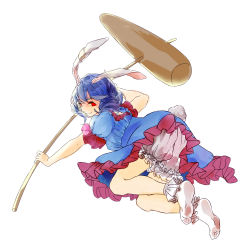 Rule 34 | 1girl, absurdres, animal ears, ass, bloomers, blue hair, dress, drill hair, earclip, frilled dress, frills, highres, holding, holding weapon, kagari6496, kine, legs, looking at viewer, looking back, mallet, panties, pantyshot, rabbit ears, rabbit tail, red eyes, seiran (touhou), short hair, short sleeves, simple background, sketch, smile, socks, solo, tail, thighs, touhou, underwear, weapon, white background, white socks