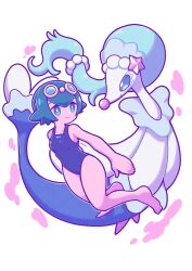 Rule 34 | 1girl, bare arms, barefoot, bear ringer, breasts, bright pupils, closed mouth, collarbone, commentary request, creatures (company), eyelashes, game freak, gen 7 pokemon, goggles, goggles on head, green hair, highres, lana (pokemon), legs, medium breasts, nintendo, one-piece swimsuit, pokemon, pokemon (creature), pokemon sm, primarina, small breasts, smile, swimsuit, toes, white background, white pupils