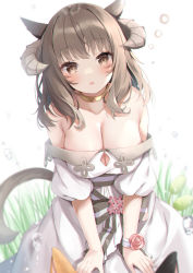 Rule 34 | 1girl, absurdres, amahara pekozaemon, animal ears, warrior of light (ff14), bare shoulders, blurry, blurry background, blush, bow, breasts, brown eyes, brown hair, character request, cleavage, collarbone, curled horns, depth of field, dress, facial mark, final fantasy, final fantasy xiv, flower, highres, horns, long hair, looking at viewer, medium breasts, off-shoulder dress, off shoulder, parted lips, pink flower, pink rose, rose, solo, striped, striped bow, tail, water drop, whisker markings, white background, white dress