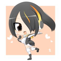 Rule 34 | 1girl, black eyes, black footwear, black hair, black jacket, boots, breasts, chibi, commentary request, emperor penguin (kemono friends), full body, hair over one eye, headphones, heart, highres, holding, holding microphone, jacket, kemono friends, large breasts, lets0020, looking at viewer, microphone, multicolored hair, numbered, one-piece swimsuit, open clothes, open jacket, open mouth, orange hair, pink background, running, short hair, smile, solo, streaked hair, swimsuit, thighhighs, two-tone background, white one-piece swimsuit, white thighhighs