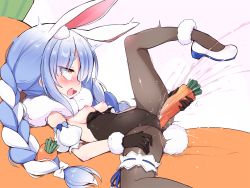 Rule 34 | 1girl, animal ear fluff, animal ears, ass, black gloves, black leotard, black pantyhose, blue hair, braid, breasts, breasts out, bridal garter, cameltoe, carrot, cleft of venus, commentary request, covered clitoris, covered navel, crotch rub, don-chan (usada pekora), female ejaculation, female ejaculation through clothes, female masturbation, female orgasm, from side, fur scarf, gloves, highres, hololive, leg up, legs, leotard, leotard pull, long hair, lying, masturbation, morino donguri, nipples, on back, open mouth, orgasm, pantyhose, pussy juice, rabbit ears, rabbit girl, rabbit tail, red eyes, rolling eyes, scarf, shoes, small breasts, smile, solo, spread legs, strapless, strapless leotard, tail, thighs, twin braids, twintails, usada pekora, usada pekora (1st costume), very long hair, virtual youtuber, white footwear, white scarf