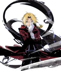 Rule 34 | 1boy, bishounen, black pants, blonde hair, braid, closed mouth, cofffee, edward elric, fullmetal alchemist, gloves, hand on own face, hood, hoodie, looking at viewer, male focus, medium hair, pants, red hoodie, serious, solo, upper body, white background, white gloves, yellow eyes