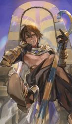 Rule 34 | 1boy, abs, ahoge, black gloves, brown hair, cape, dark skin, dark-skinned male, egyptian, egyptian clothes, fate/grand order, fate/prototype, fate/prototype: fragments of blue and silver, fate (series), full body, gauntlets, gloves, grin, hair between eyes, highres, holding, holding staff, jewelry, male focus, mimimikan, muscular, necklace, ozymandias (fate), parted lips, topless male, shrug (clothing), sitting, sky, smile, solo, staff, throne, white cape, yellow eyes, aged down