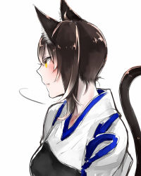 Rule 34 | 10s, 1girl, animal ears, bad id, bad pixiv id, brown hair, cat ears, cat tail, fang, japanese clothes, kaga (kancolle), kantai collection, kemonomimi mode, muneate, shuu-0208, side ponytail, simple background, solo, tail, white background, yellow eyes