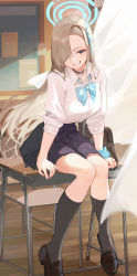 1girl absurdres asuna_(blue_archive) black_footwear black_skirt black_socks blue_archive blue_bow blue_bowtie blue_eyes bow bowtie breasts chair classroom collared_shirt desk hair_over_one_eye halo highres indoors kawa683 kneehighs large_breasts light_brown_hair loafers long_hair miniskirt on_desk pleated_skirt school_chair school_desk school_uniform shirt shoes sitting on_desk skirt socks solo swept_bangs very_long_hair white_shirt