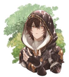 Rule 34 | 1boy, armor, bishounen, breastplate, brown hair, commentary, commentary request, facing viewer, gloves, granblue fantasy, gucha (netsu), hair between eyes, hood, hood up, looking up, male focus, messy hair, parted lips, portrait, rain, red eyes, sandalphon (granblue fantasy), shaded face, short hair, shoulder armor, silhouette, solo focus, tree, turtleneck, water drop