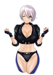 Rule 34 | 1girl, anagumasan, angel (kof), black gloves, black jacket, breasts, cleavage, clenched hands, closed mouth, collarbone, commentary request, cropped jacket, fingerless gloves, fingernails, gloves, hands up, highres, jacket, large breasts, lips, looking at viewer, midriff, navel, one eye closed, panties, short hair, simple background, sleeves rolled up, smile, snk, solo, stomach, the king of fighters, underwear, white background, white hair, zipper, zipper pull tab