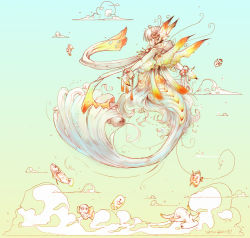 Rule 34 | 1girl, bracelet, cloud, colorful, fingernails, fins, fish, from side, gradient background, green background, head fins, jewelry, looking at viewer, mermaid, monster girl, original, outstretched arms, profile, satougaki, scales, scarf, sharp fingernails, short hair, sidelocks, solo, spread arms