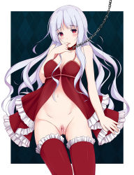 Rule 34 | 1girl, babydoll, bdsm, blush, bondage, bound, breasts, censored, chain, christmas, clitoris, collar, female focus, highres, leash, long hair, looking at viewer, navel, original, pussy, red eyes, shuuichi, silver hair, solo, standing, thighhighs