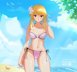 Rule 34 | 1girl, akimonmon01, arm up, artist name, bare arms, bare shoulders, bikini, bird, blonde hair, blue sky, blush, breasts, cameltoe, cloud, cloudy sky, collarbone, crab, feathers, female focus, flower, genshin impact, hair ornament, looking at viewer, lumine (genshin impact), ocean, open mouth, pink bikini, sand, seagull, signature, sky, solo, standing, sunlight, surprised, swimsuit, thighs, tree, water, wet, white flower, yellow eyes