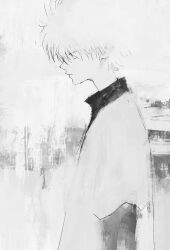 1boy expressionless from_side fuyumurasaki greyscale highres hunter_x_hunter killua_zoldyck male_focus monochrome painterly shirt short_hair solo upper_body white_theme