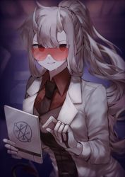 Rule 34 | 1girl, blurry, blurry background, blush, breasts, coat, collared shirt, commentary request, demon girl, demon tail, formal, gloves, goggles, grey hair, helltaker, holding, horns, ipeulo, lab coat, long hair, long sleeves, looking at viewer, loremaster (helltaker), mechanical arms, necktie, open clothes, open coat, pale skin, ponytail, red-tinted eyewear, red-tinted glasses, red eyes, red goggles, red shirt, shirt, smile, solo, sunglasses, sweat, tail, tinted eyewear, upper body, visor, white gloves, white horns
