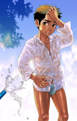 Rule 34 | 1boy, blue sky, blush, briefs, child, cloud, faust (5/4), highres, hose, male focus, male underwear, multicolored eyes, multicolored hair, outdoors, shirt, short hair, sky, solo, standing, tree, underwear, water, wet, wet clothes