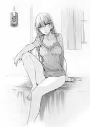 Rule 34 | 1girl, 3:, absurdres, alternate hairstyle, arm on knee, arm support, barefoot, breasts, camisole, candle, candlestand, cleavage, collarbone, curtains, greyscale, hair down, highres, leg up, lingerie, long hair, looking at viewer, medium breasts, monochrome, no pants, otome game sekai wa mob ni kibishii sekai desu, shiosato jun, sitting, solo, stephanie fou offrey, underwear, underwear only, window