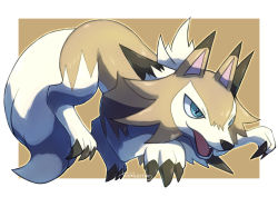 Rule 34 | claws, commentary request, creatures (company), fangs, full body, game freak, gen 7 pokemon, highres, lycanroc, lycanroc (midday), nintendo, no humans, open mouth, pokemon, pokemon (creature), signature, solo, tanpakuroom, tongue, white fur