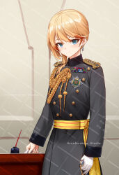 Rule 34 | 1girl, absurdres, aiguillette, azur lane, blonde hair, buttons, cowboy shot, double-breasted, earrings, epaulettes, highres, holding, holding sword, holding weapon, howe (azur lane), huihuang rongyao, indoors, ink bottle, jewelry, long hair, looking at viewer, medal, military uniform, solo, sword, uniform, watermark, weapon