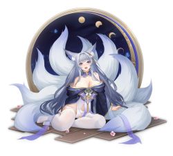 Rule 34 | 1girl, animal ear fluff, animal ears, azur lane, bare shoulders, blush, breasts, cleavage, detached collar, flower, fox ears, full body, japanese clothes, kimono, kitsune, kyuubi, large breasts, long hair, looking at viewer, moon phases, multiple tails, navel, off shoulder, open mouth, panties, pink flower, purple eyes, purple kimono, shinano (azur lane), simple background, solo, tail, thighhighs, tsukino (1353770293), underwear, white background, white panties, white tail, white thighhighs, wooden floor