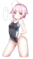Rule 34 | 1girl, ahoge, black one-piece swimsuit, competition swimsuit, contrapposto, cowboy shot, flat chest, highleg, highleg swimsuit, highres, looking at viewer, one-piece swimsuit, original, pink hair, reirou (chokoonnpu), short hair, simple background, solo, standing, swimsuit, white background, yellow eyes