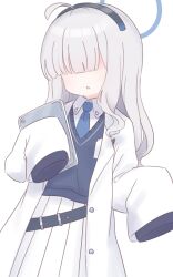 Rule 34 | 1girl, ahoge, black hairband, blue archive, blue necktie, collared shirt, facing viewer, grey hair, hair over eyes, hairband, highres, holding, lab coat, long sleeves, millennium science school student (blue archive), naga u, necktie, open clothes, parted lips, pleated skirt, shirt, simple background, skirt, sleeves past fingers, sleeves past wrists, solo, sweater vest, tablet pc, white background, white shirt, white skirt
