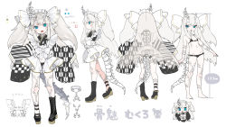Rule 34 | 1girl, :d, aano (10bit), absurdres, asymmetrical footwear, asymmetrical horns, barefoot, black bra, black footwear, black kimono, black panties, blue eyes, bone horns, bone tail, boots, bow, bow bra, bow panties, bra, color guide, commentary request, cross-laced footwear, eyebrows hidden by hair, grey hair, groin, high heel boots, high heels, highres, honemi mukuro, indie virtual youtuber, japanese clothes, kimono, lace-up boots, long hair, long sleeves, maid headdress, mismatched footwear, mismatched horns, multiple views, navel, official art, open mouth, panties, ringed eyes, shoes, simple background, single boot, single shoe, skeleton, sleeves past fingers, sleeves past wrists, smile, striped, translation request, underwear, uneven footwear, very long hair, virtual youtuber, white background, white bow, wide sleeves, x-ray, yagasuri