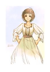 Rule 34 | 1girl, aoharuto, artist name, borrowed character, brown eyes, brown hair, clenched hand, dated, dress, hands on own hips, highres, long sleeves, looking at viewer, mai (riku), short hair, simple background, smile, standing, white dress