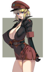 Rule 34 | 1girl, :d, armband, ass, belt, black gloves, blonde hair, blue eyes, blunt bangs, breasts, choker, cleavage, covered erect nipples, dog tags, gloves, hand on own hip, hat, heart, highres, huge breasts, jacket, kouno (masao), large breasts, looking at viewer, military, military hat, military uniform, minidress, mole, mole under eye, open clothes, open jacket, open mouth, original, peaked cap, red hat, red skirt, revision, short hair, side slit, simple background, skirt, skull, smile, solo, teeth, thighs, two-tone background, uniform