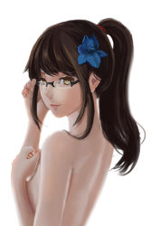 Rule 34 | 1girl, absurdres, bad id, bad pixiv id, black hair, blue flower, breasts, covering privates, covering breasts, flower, flower on head, glasses, hair flower, hair ornament, highres, looking at viewer, nose, nude, ponytail, rimless eyewear, shiraha (pixiv10239953), simple background, small breasts, smile, solo, upper body, white background, yellow eyes