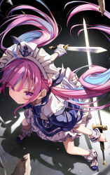 Rule 34 | 1girl, ahoge, anchor print, blue dress, blue hair, closed mouth, dress, dual wielding, floating hair, from above, highres, holding, holding sword, holding weapon, hololive, looking at viewer, maid headdress, minato aqua, minato aqua (1st costume), multicolored hair, pink hair, purple eyes, shoes, short sleeves, sleeves past wrists, solo, summer tail720, sword, twintails, two-tone hair, virtual youtuber, weapon