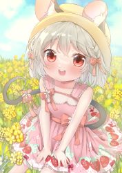 Rule 34 | 1girl, :d, absurdres, animal ear fluff, animal ears, ashino chimado, bare shoulders, blush, bow, breasts, cloud, collarbone, daisy, day, dress, feet out of frame, field, fingernails, flower, flower field, flower request, food print, frills, grey hair, hair bow, hair flower, hair ornament, happy, highres, looking at viewer, mouse ears, mouse tail, nazrin, open mouth, outdoors, pink bow, pink dress, red eyes, round teeth, short hair, sleeveless, sleeveless dress, small breasts, smile, solo, strawberry print, tail, tail bow, tail ornament, teeth, touhou, upper teeth only, v arms, white flower, yellow flower, ||/