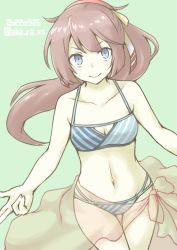 Rule 34 | 1girl, akara kai, bikini, breasts, brown hair, dated, green background, grey eyes, hair ribbon, highres, kantai collection, kazagumo (kancolle), long hair, looking at viewer, official alternate costume, one-hour drawing challenge, ponytail, ribbon, sarong, see-through sarong, small breasts, solo, striped bikini, striped clothes, swimsuit, twitter username