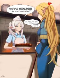 Rule 34 | 2girls, absurdres, apron, artist name, blonde hair, blue eyes, caiman pool, commentary, counter, crossover, dungeon meshi, elf, english commentary, female focus, frieren, furnace, good burger, green eyes, hamburger steak, highres, long hair, marcille donato, multiple girls, pointy ears, robe, signature, sousou no frieren, staff, trait connection, twintails, uniform
