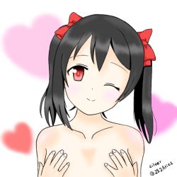 Rule 34 | 10s, 1girl, black hair, blush, bow, covering privates, covering chest, flat chest, hair bow, head tilt, heart, looking at viewer, love live!, love live! school idol project, medium hair, nude, one eye closed, red eyes, silver (252aries), smile, solo, twintails, upper body, wink, yazawa nico