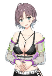 Rule 34 | 1girl, :o, ahoge, asakura toru, bare shoulders, between breasts, black bra, blue hair, blush, bra, braid, breasts, cleavage, collarbone, gradient hair, groin, head tilt, highres, idolmaster, idolmaster shiny colors, interlocked fingers, jacket, looking at viewer, medium breasts, multicolored hair, o-ring, off shoulder, open clothes, open jacket, own hands together, parted bangs, print shorts, purple hair, see-through, see-through jacket, short hair, shorts, simple background, solo, strap between breasts, sweatdrop, tennen inari, underwear, upper body, white background