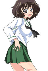 Rule 34 | 1girl, akiyama yukari, blouse, brown eyes, brown hair, commentary, cowboy shot, from side, girls und panzer, green skirt, hand on own hip, highres, leaning forward, light blush, long sleeves, looking at viewer, messy hair, miniskirt, neckerchief, ooarai school uniform, open mouth, pleated skirt, sailor collar, school uniform, serafuku, shirt, short hair, simple background, skirt, smile, solo, standing, wakku kan, white background, white sailor collar, white shirt