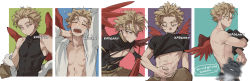 Rule 34 | 1boy, abs, artist name, bare shoulders, bleeding, blonde hair, blood, boku no hero academia, censored, cleavage cutout, clothes lift, clothing cutout, collared shirt, cuts, english text, expressions, feathered wings, fighting stance, hawks (boku no hero academia), injury, kadeart, looking at viewer, looking down, looking to the side, male focus, nipple slip, nipples, nude, open clothes, open shirt, pectorals, pectorals, shirt, shirt lift, short hair, skin tight, sleeveless, speech bubble, tired, torn clothes, twitter username, watermark, white shirt, wings, yawning, yellow eyes