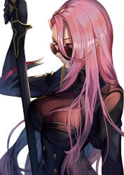Rule 34 | 1girl, breasts, dungeon and fighter, hinoru saikusa, holding, holding sword, holding weapon, large breasts, long hair, pink hair, red eyes, solo, sunglasses, sword, upper body, weapon, white background