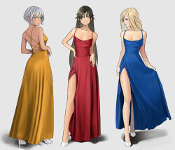 3girls akira_ferrari alicia_florence aria_(manga) athena_glory ayame310 bare_shoulders blonde_hair blue_dress blue_eyes breasts brown_eyes brown_hair cleavage closed_mouth collarbone dark-skinned_female dark_skin dress earrings eyelashes from_behind green_eyes grey_background grey_hair hand_on_own_hip high_heels highres jewelry legs long_dress long_hair looking_at_viewer looking_back medium_breasts multiple_girls open_mouth red_dress short_hair side_slit sidelocks simple_background small_breasts smile standing stiletto_heels very_long_hair white_footwear yellow_dress